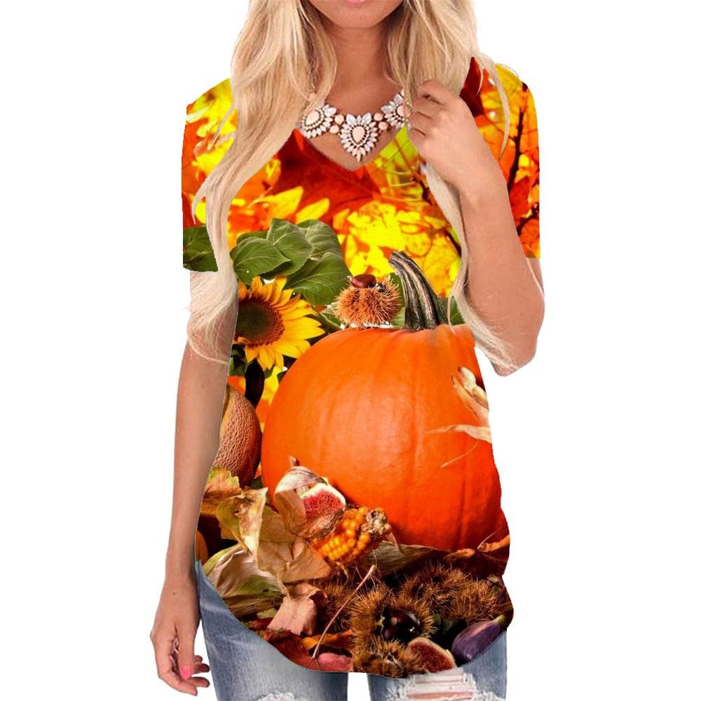Pumpkin T Shirt Women Halloween Tshirts Printed Flower Shirt Print Maple Leaf V-neck Tshirt