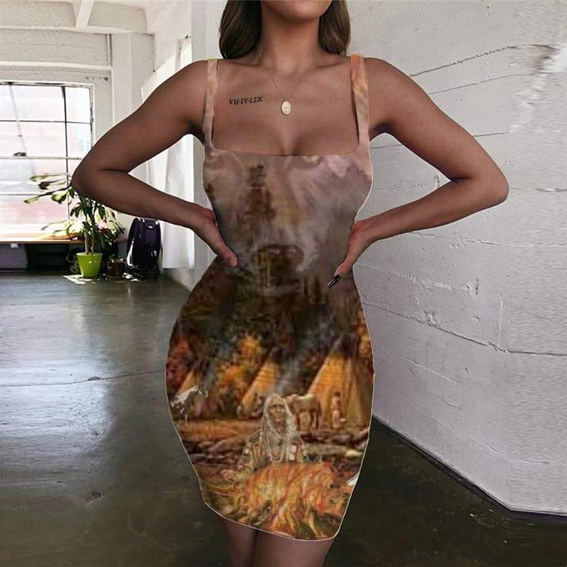 Indios Dress Women Wolf 3d Print Flame Halter Sleeveless Forest Bodycon Dress - KYKU