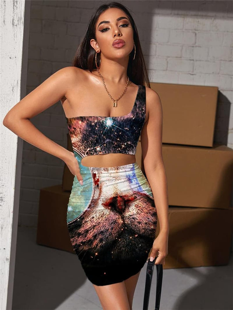 Cat Dress Women Animal Vestido Sexy Galaxy Bodycon Dress Nebula Hollow out Dresses Hip Hop Halter Sleeveless