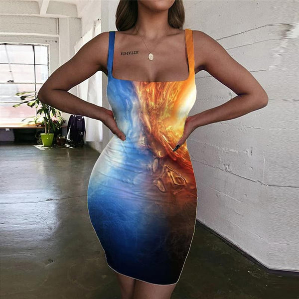 Flame Dress Women Blue Flame 3d Print Hip Hop Bodycon Dress Womens Clothing