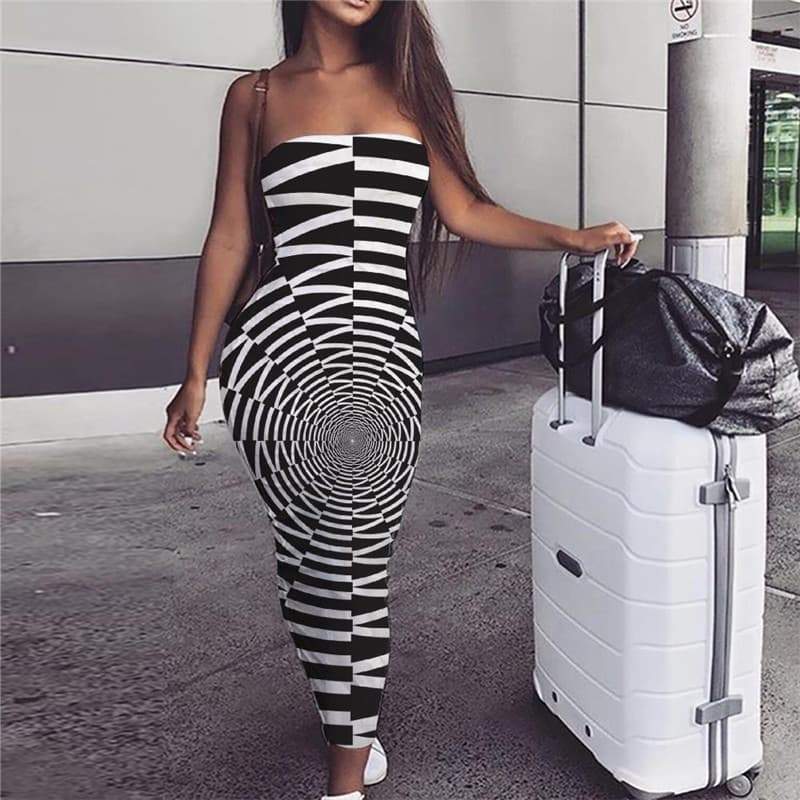 Geometric Dress Women Psychedelic Boho Vortex Ladies Dresses Time Tunnel 3d Print Black And White Party - KYKU
