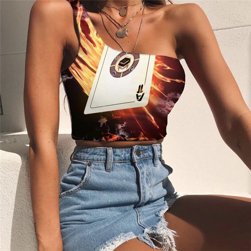 Flame Tank Tops Women Poker Tees Graphic Hip Hop One Shoulder Crop