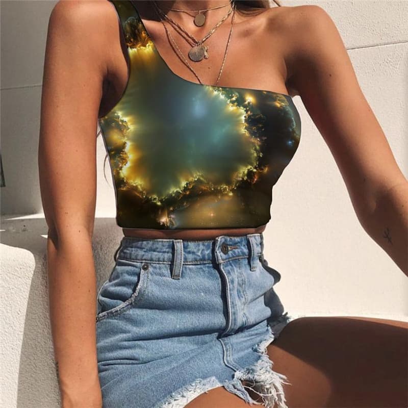 Galaxy Vest Tops Women Space One Shoulder Crop Universe Tees Graphic Black Hole Midriff T shirt