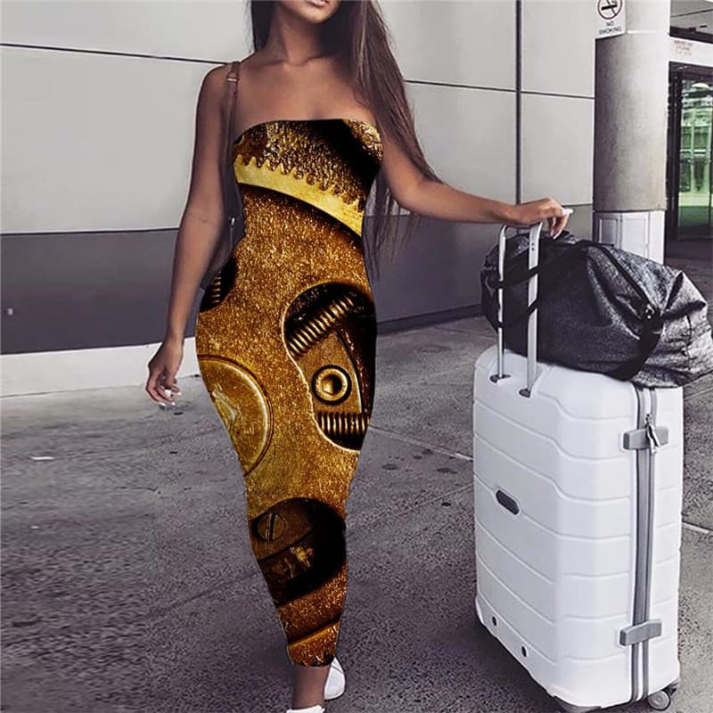 Metal Dress Women Engine Ladies Dresses Gear 3d Print Golden Vestido Sexy