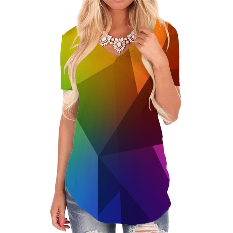 geometric T-shirt women Psychedelic Tshirts Printed vortex Funny T shirts square Shirt Print rainbow V-neck Tshirt