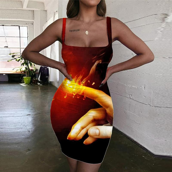 Flame Dress Women Light Bulb Ladies Dresses Hand Sundress Couple Vestido Sexy