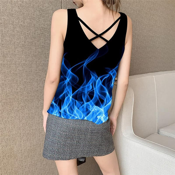 
Flame Tank Top Women Blue Sleeveless 3d Party Vest Printed Womens Clothing
                