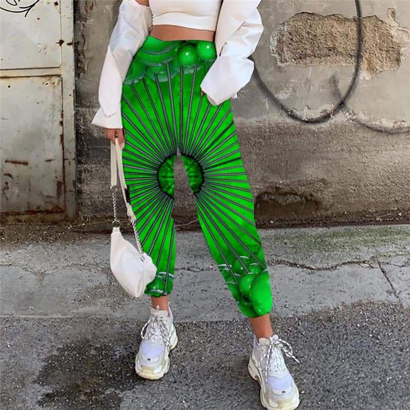 Geometric Trousers Women Psychedelic Trouser Vortex Jogger Pants Ball High Waist Pants Green 3d Printed - KYKU