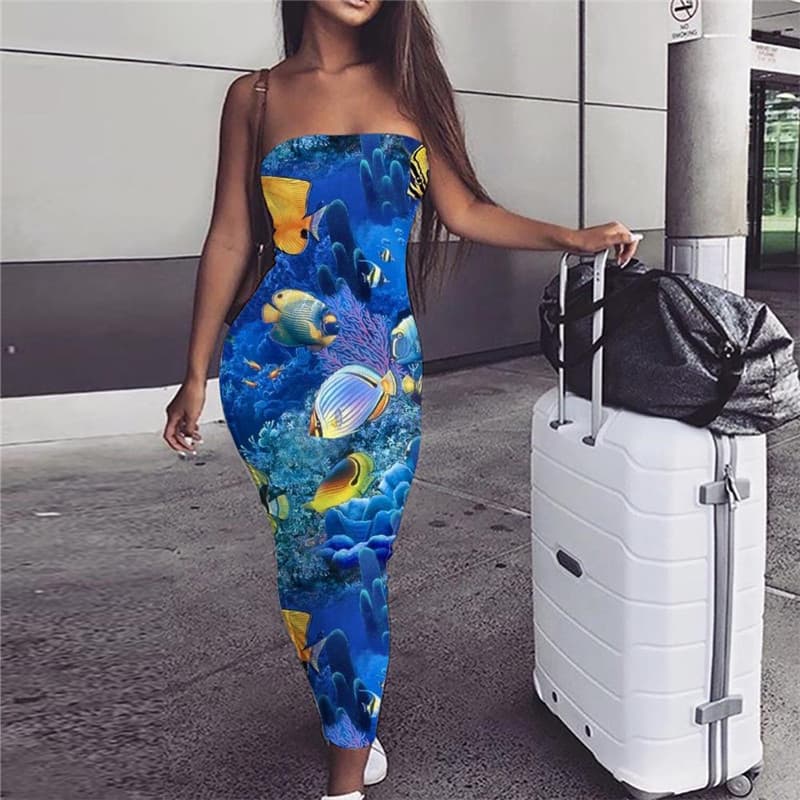 Fish Dress Women Animal sleeveless Tracksuits Boho Ocean Sundress Fishinger 3d Print