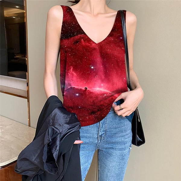 Galaxy Tank-Top women Space Vest Print Universe Vest Printed Red Funny Top Nebula Tank Tops Casual