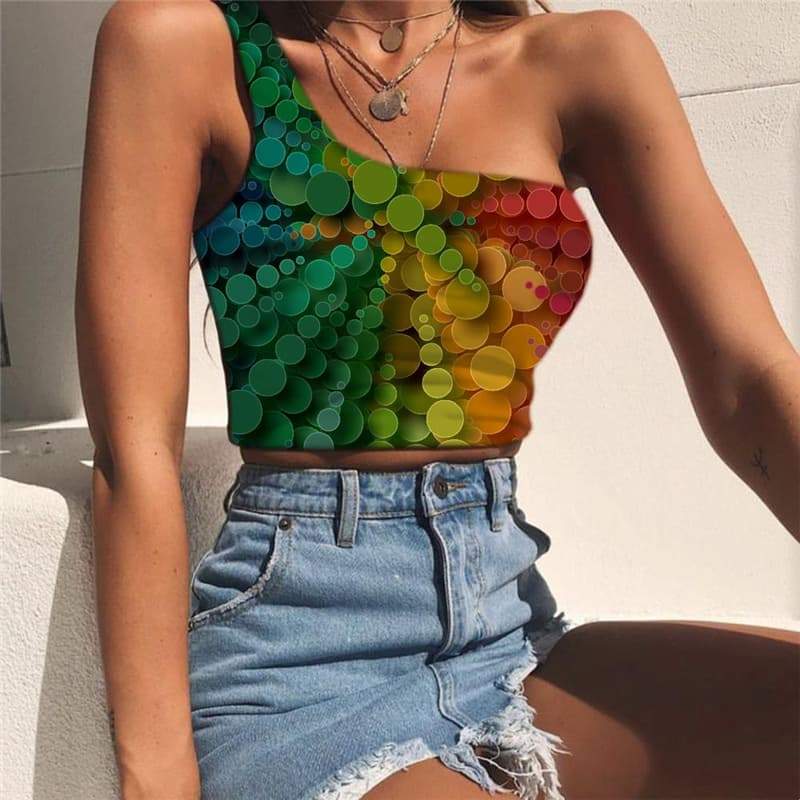 Geometric Tank Tops Women Psychedelic Sleeveless Shirt Vortex Tees Graphic Color Midriff T shirt Ball One Shoulder Crop - KYKU
