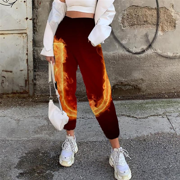 Flame Pants Women Letter High Waist Pants Novel Trouser Women Sweatpants