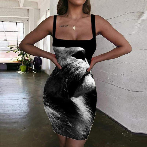 Lion Dress Women Animal Bodycon Dress Anime Halter Sleeveless Black Vestido Sexy Sad 3d Print - KYKU
