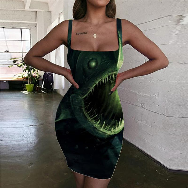 Fish Dresses Women Punk Rock Bodycon Dress Animal Sundress Green Vestido Sexy Tropical 3d Print