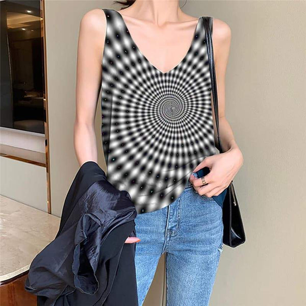 Geometric Tank Top Women Psychedelic Vest Printed Vortex Tank Tops Casual Black And White Vest Print - KYKU