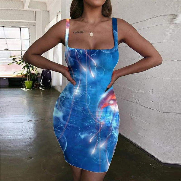 Ocean Dresses Women Jellyfish 3d Print Fluorescence Halter Sleeveless Blue Ladies Dresses - KYKU