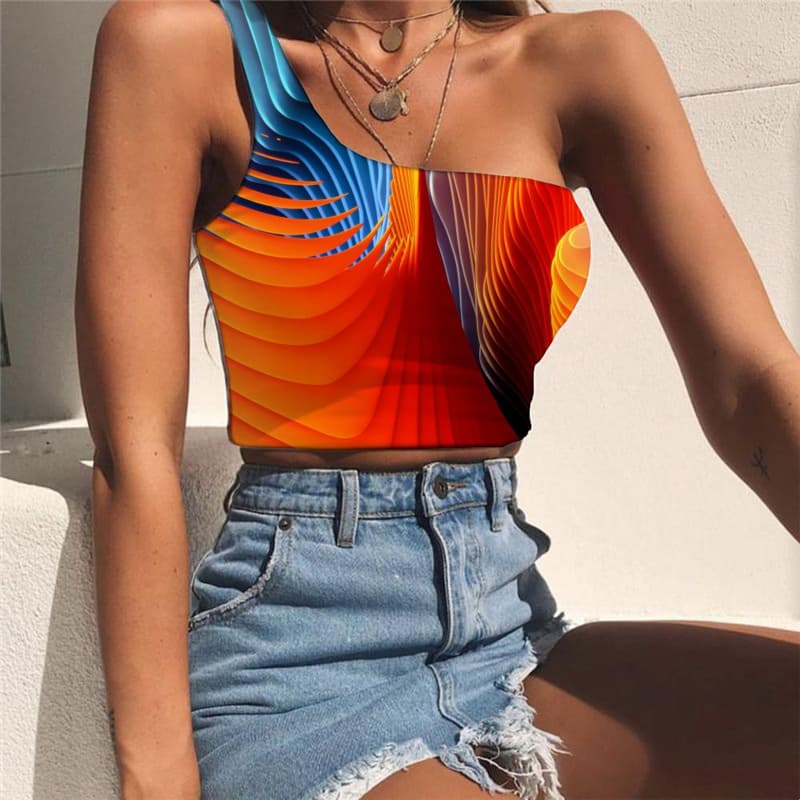 Abstract Vest Tops Women Colorful Midriff T shirt Dizziness Sleeveless Shirt Funny One Shoulder Crop