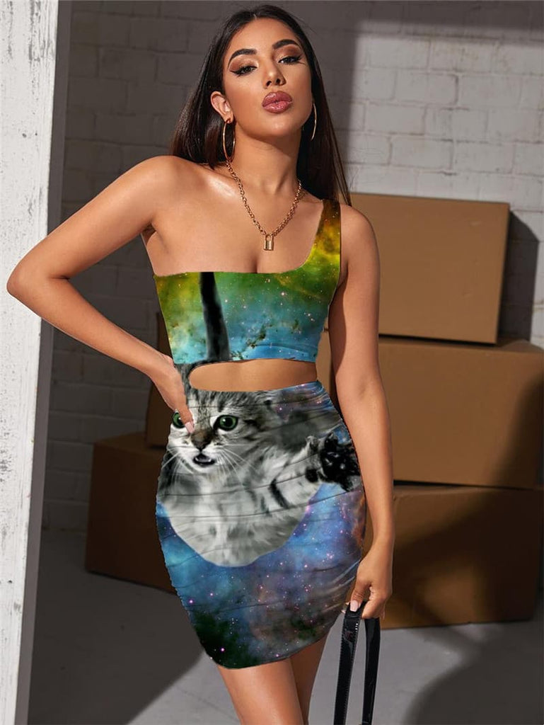 Cat Dress Women Animal Halter Sleeveless Nebula Pleating Galaxy Bodycon Dress