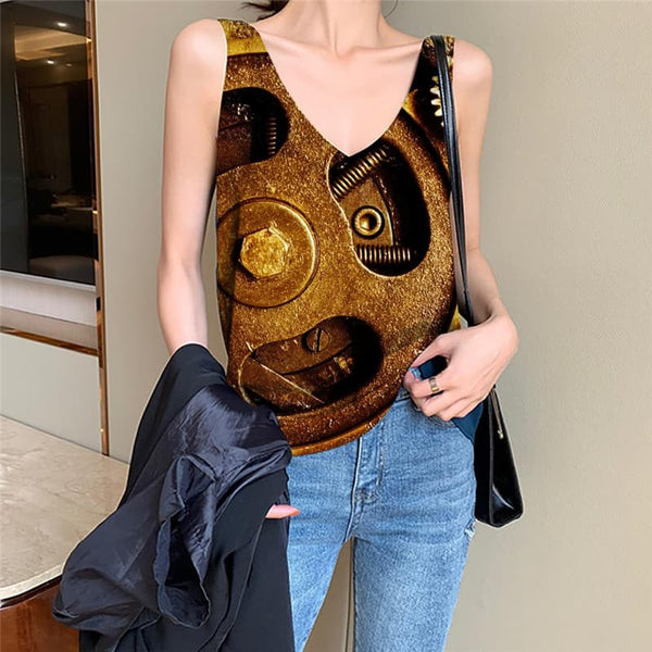 Metal Tank Top Women Engine Vest Print Gear Sleeveless 3d Golden Anime Clothes