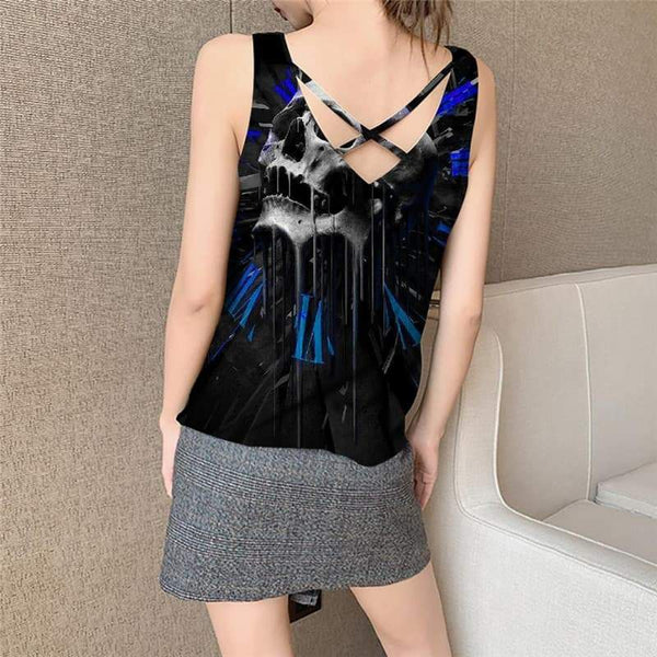 
Skull Tank Top Women Punk Funny Top Blue Vest Printed Devil Vest Print - KYKU
                