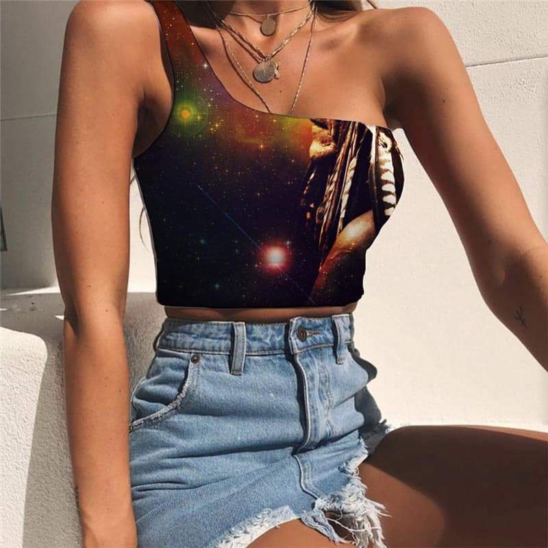 Indios Vest Tops Women Galaxy Tees Graphic Space One Shoulder Crop Universe Midriff T shirt - KYKU