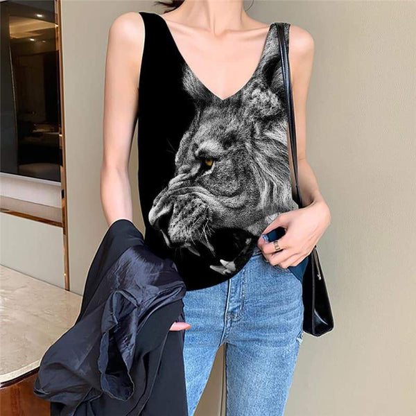 Lion Tank-Top women Animal Vest Print Anime Sleeveless 3d Ferocious Vest Printed Black Tank Tops Casual - KYKU