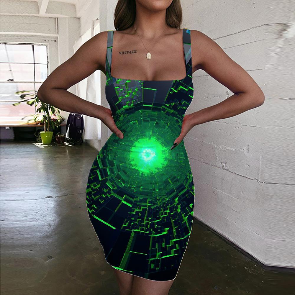 Geometric Dress Women Psychedelic Sundress Vortex Halter Sleeveless Green Ladies Dresses - KYKU