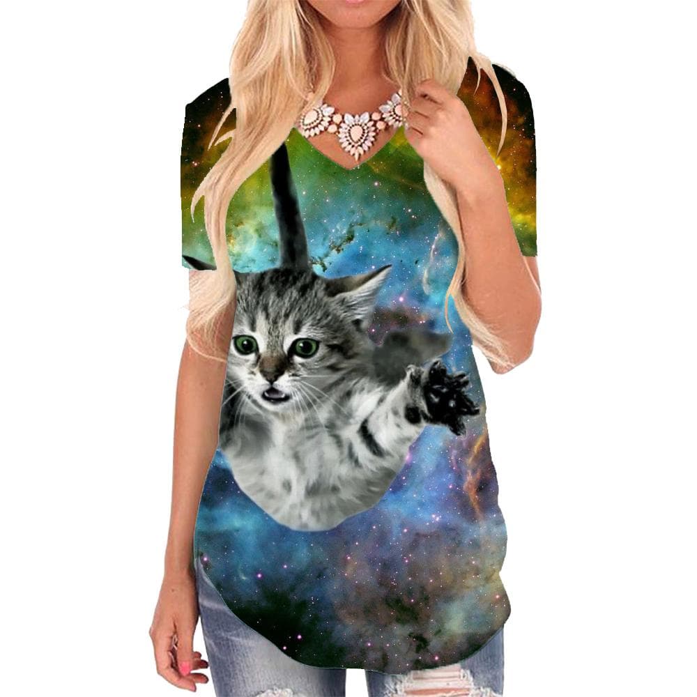 Cat T Shirt Women Animal T-shirts 3d Nebula V-neck Tshirt Galaxy Tshirts Printed