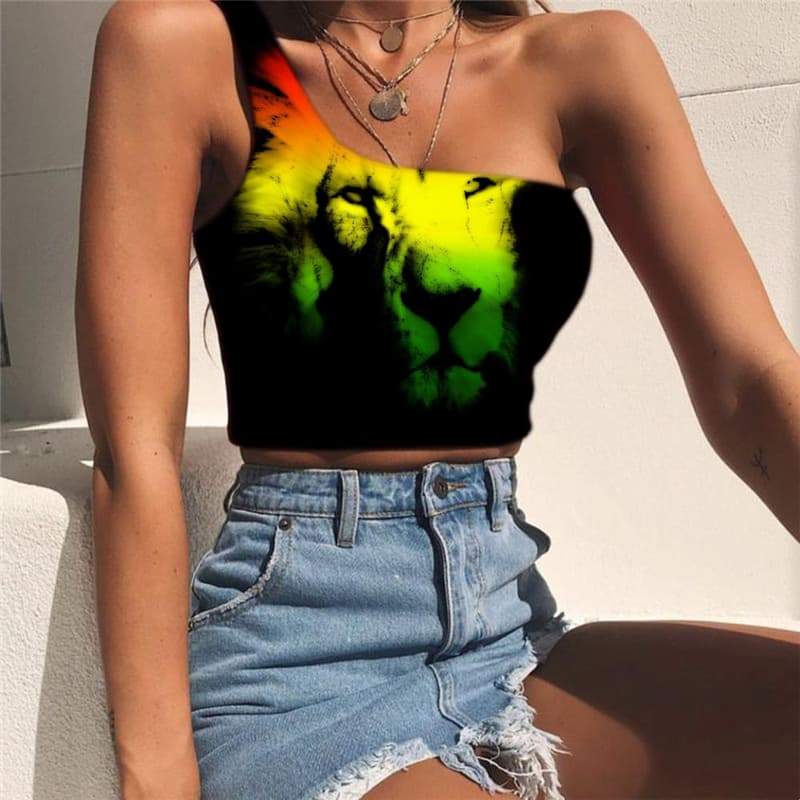 Lion Vest Tops Women Animal Midriff T shirt Anime Sleeveless Shirt Harajuku Tees Graphic Colorful One Shoulder Crop - KYKU
