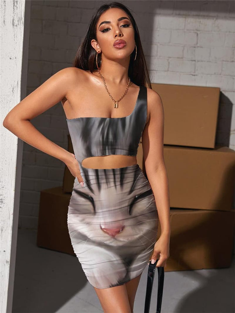 Cat Dresses Women Animal 3d Print Lovely Pleating Harajuku Vestido Sexy