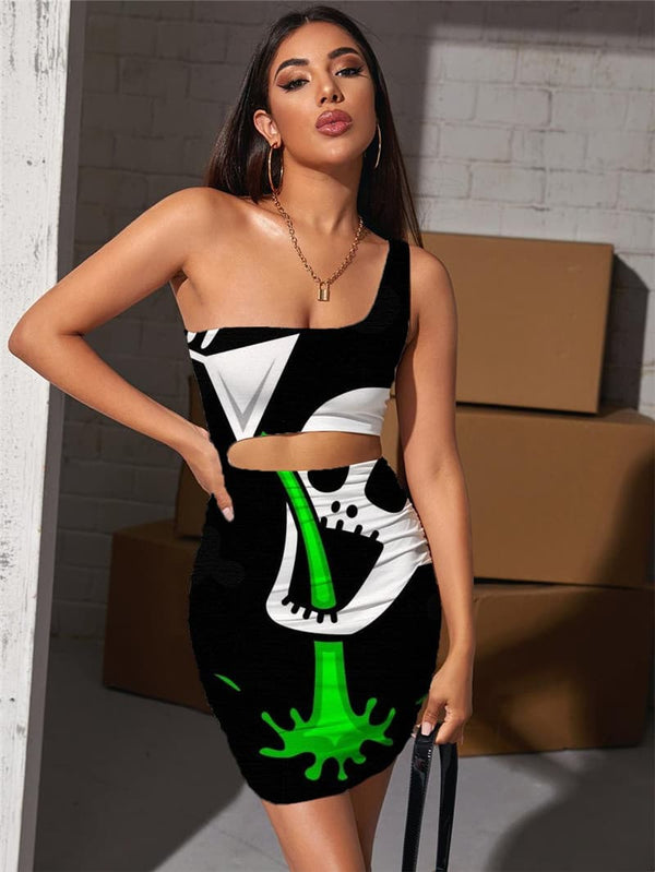 Skull Dress Women Party Bodycon Dress Hip Hop Pleating Rock 3d Print Punk Vestido Sexy