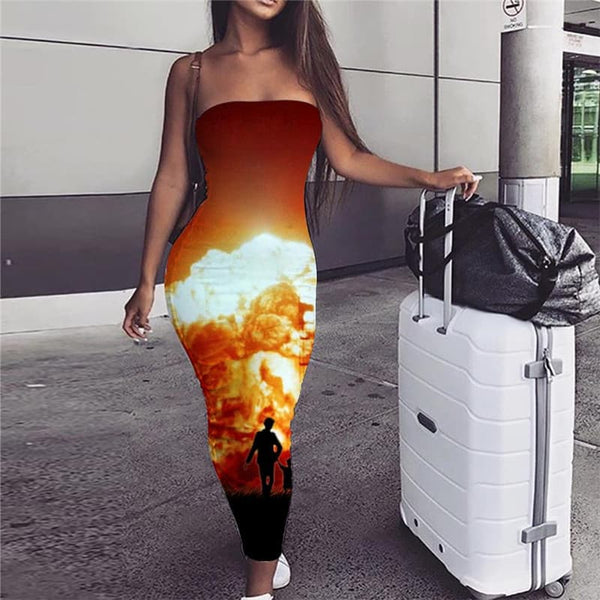 Flame Dress Women Landscape sleeveless Harajuku Vestido Sexy Womens Clothing