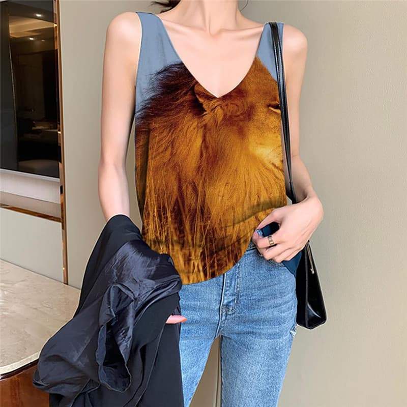 Lion Tank Top Women Animal Vest Print Anime Tank Tops Casual Harajuku Vest Printed Street Funny Top - KYKU