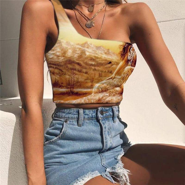 Indios Tank Tops Women Forest One Shoulder Crop Landscape Midriff T shirt Mountain Tees Graphic - KYKU