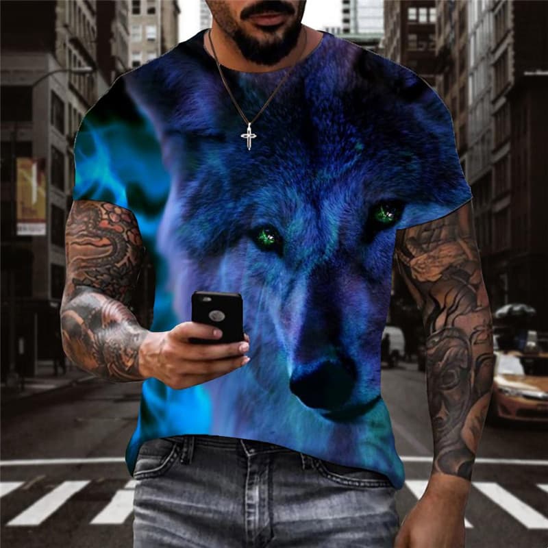 Wolf T shirt Men Animal Anime Clothes Flame Shirt Print Blue Tshirt Printed