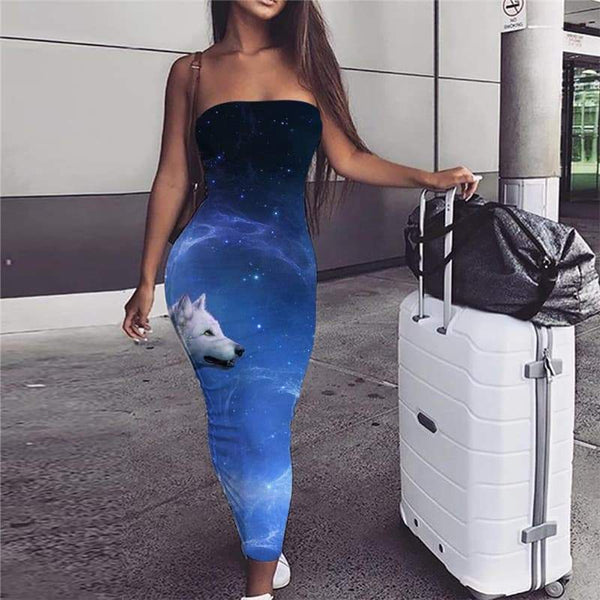 Wolf Dress Women Animal Boho Anime sleeveless Galaxy Sundress Moon Party - KYKU