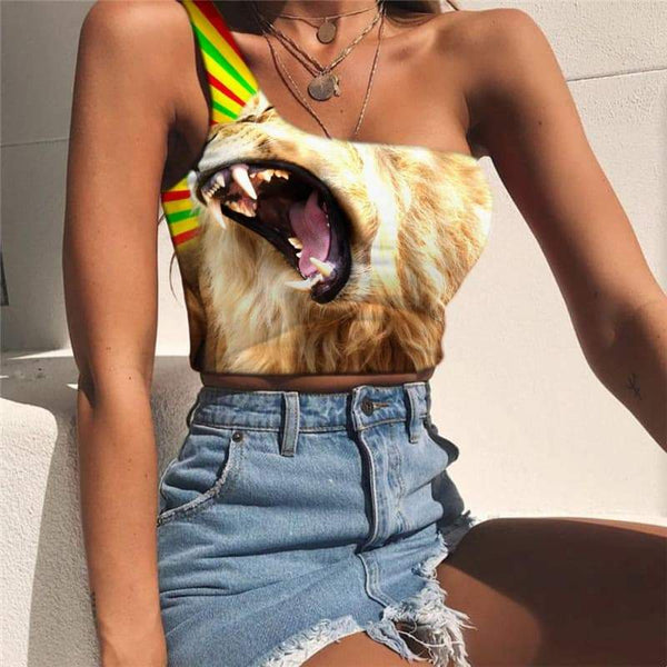 Lion Vest Tops Women Animal Tees Graphic Anime One Shoulder Crop Abstract Sleeveless Shirt Hilarious Midriff T shirt - KYKU