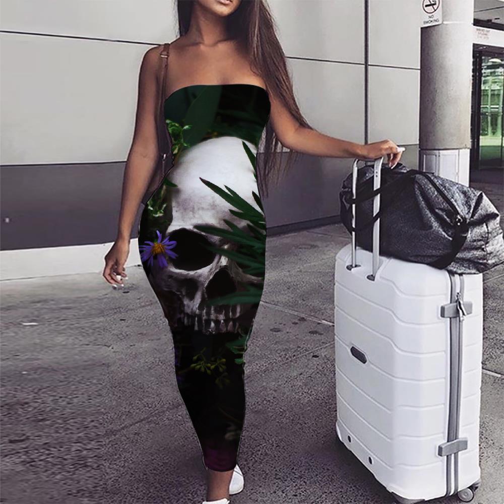 Skull Dress Women Punk Boho Flower Vestido Sexy Grass sleeveless Womens Clothing - KYKU