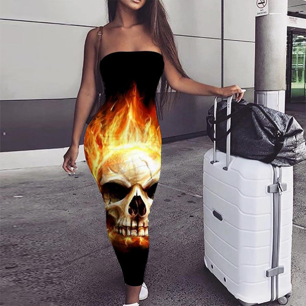 Skull Dress Women Punk sleeveless Skull 3d Print Flame Sundress Womens Clothing - KYKU