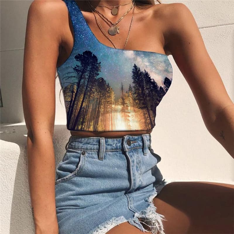 Galaxy Tank Tops Women Space Midriff T shirt Universe One Shoulder Crop Forest Sleeveless Shirt Flame Tees Graphic