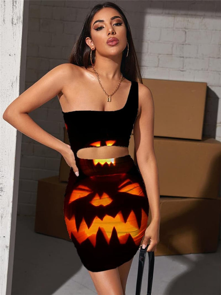 Halloween Dress Women Pumpkin Vestido Sexy Funny Halter Sleeveless Party Pleating
