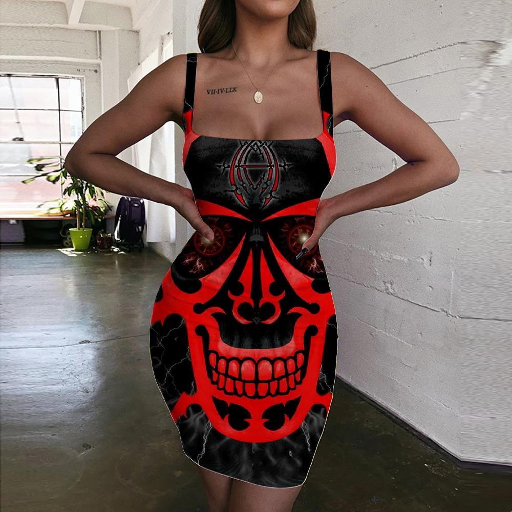 Skull Dress Women Punk Ladies Dresses Red Vestido Sexy Devil Halter Sleeveless - KYKU