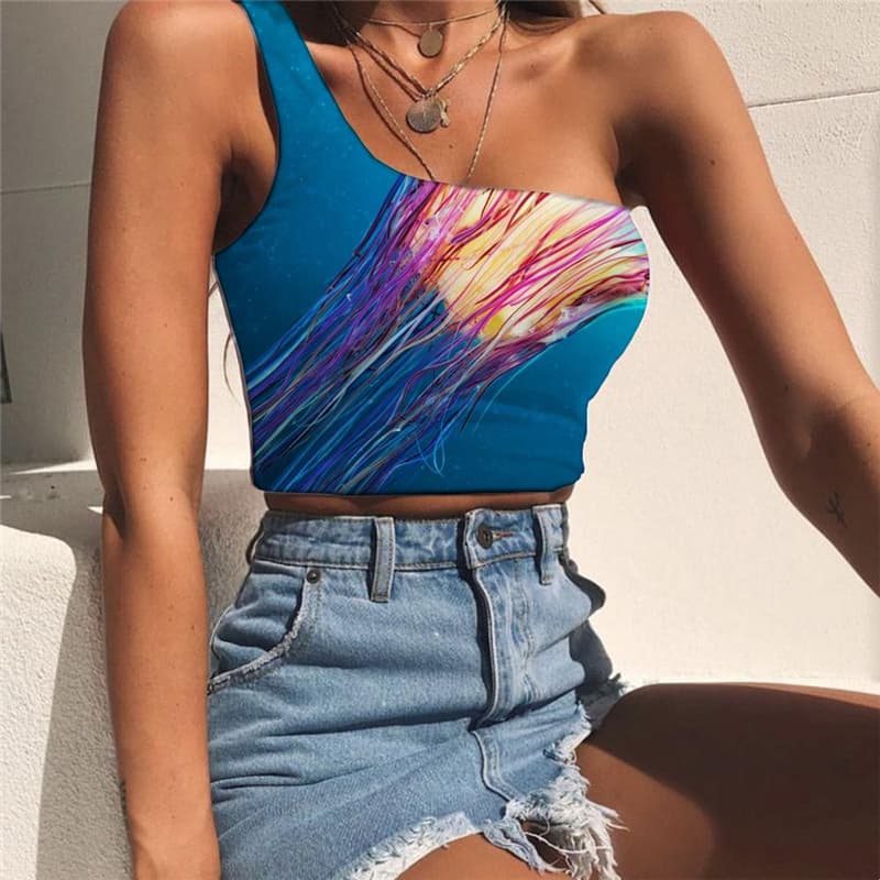 Jellyfish Tank Tops Women Colorful Sleeveless Shirt Ocean Midriff T shirt Harajuku Tees Graphic Blue One Shoulder Crop