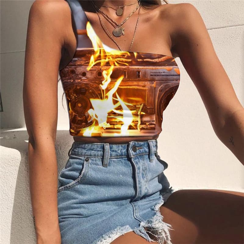 Flame Tank Tops Women Radio Tees Graphic Music Sleeveless Shirt Womens Clothing