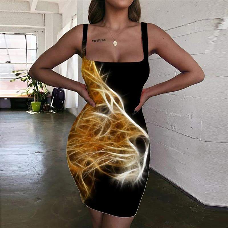 Lion Dress Women Animal Halter Sleeveless Anime Bodycon Dress Harajuku 3d Print Flame Vestido Sexy - KYKU