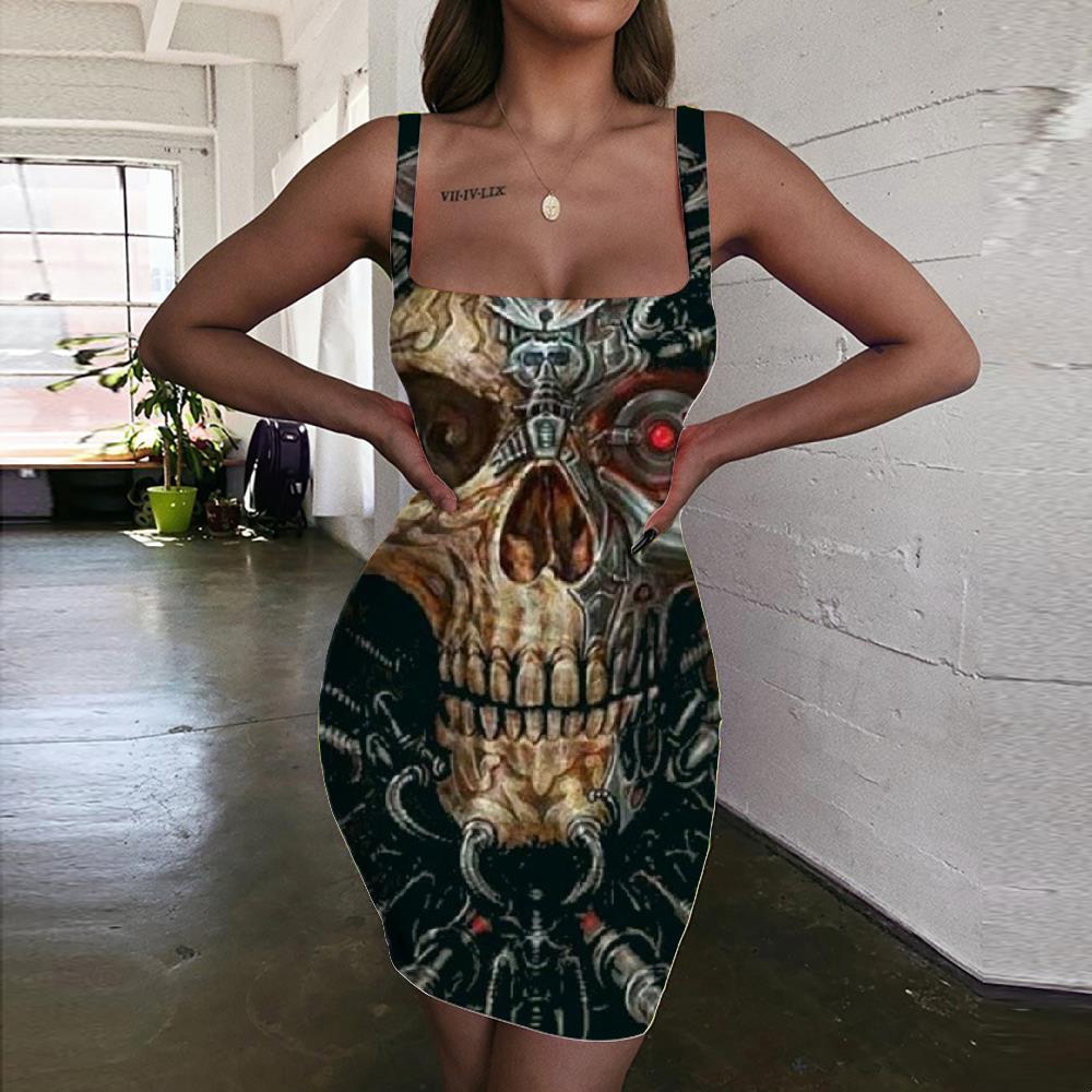 Skull Dresses Women Punk Vestido Sexy Mechanical 3d Print Black Ladies Dresses Metal Sundress - KYKU