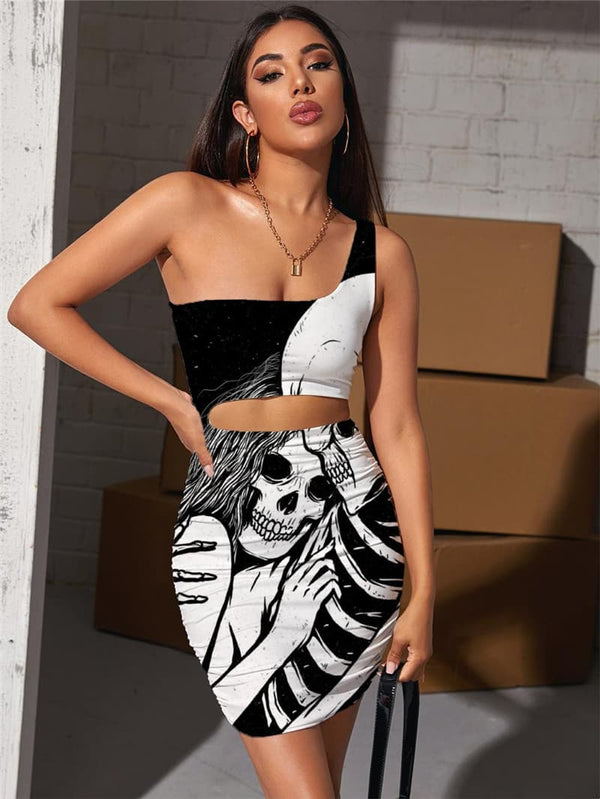 Skull Dresses Women Skeleton Vestido Sexy Love Hollow out Dresses Rock Halter Sleeveless