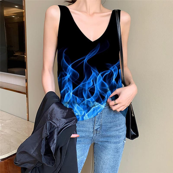 Flame Tank Top Women Blue Sleeveless 3d Party Vest Printed Womens Clothing