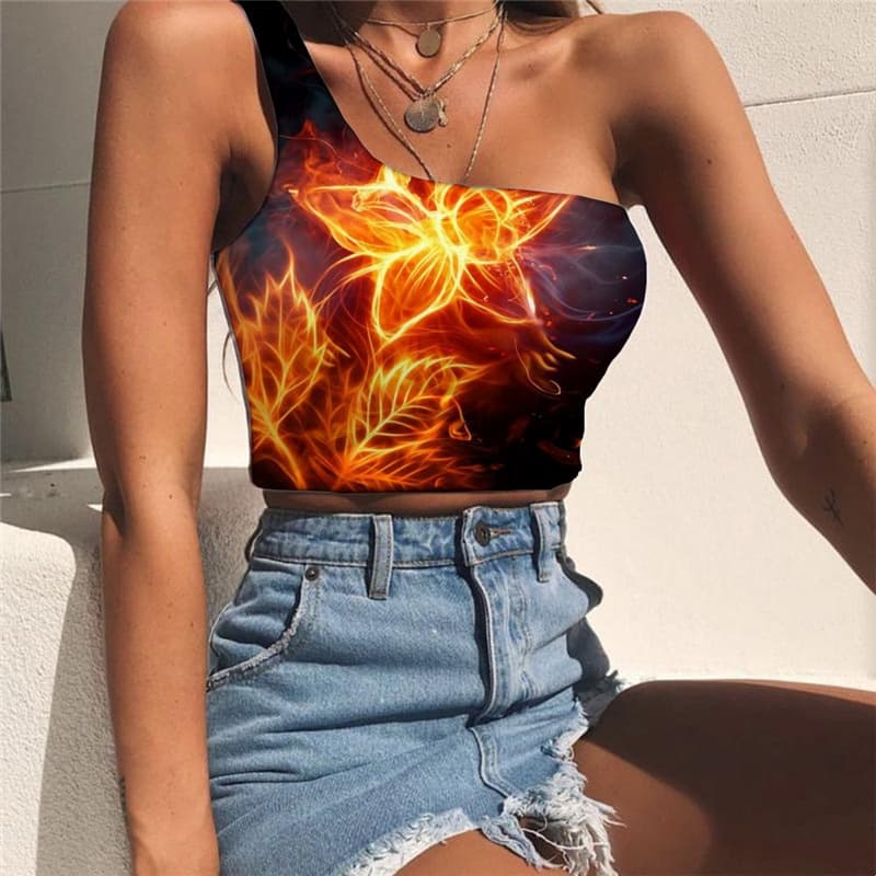 Flame Tank Tops Women Flower Midriff T shirt Art Sleeveless Shirt Woman Clothes