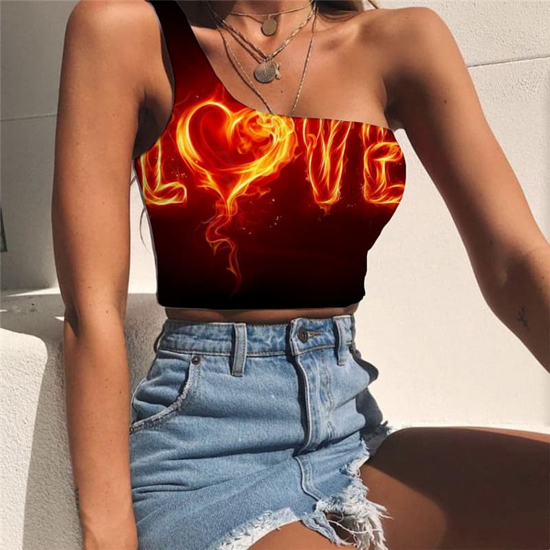 Flame Vest Tops Women Love Sleeveless Shirt Couple One Shoulder Crop